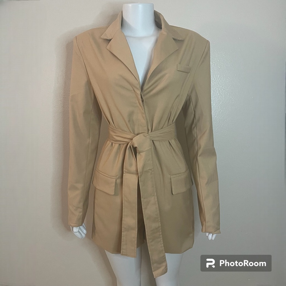 Khaki hidden button belted blazer romper with shoulder pads oversized fit